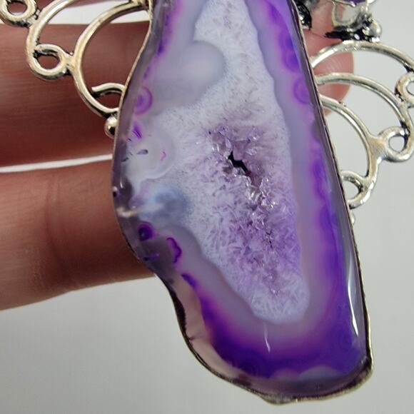 Handmade Silver Pendant – Purple Druzy Agate & Amethyst + 20" Silver Snake Chain - Picture 8 of 10